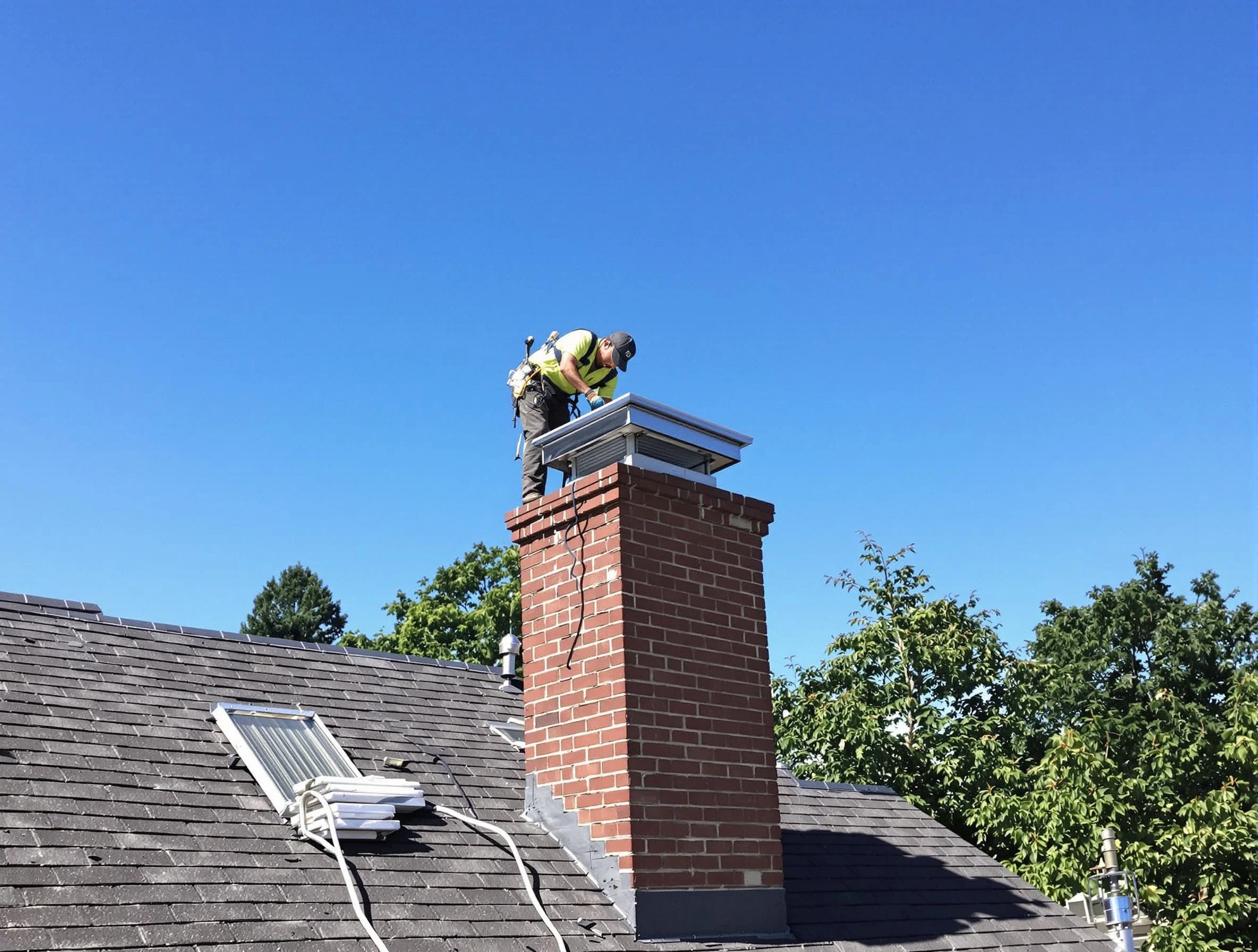 Woods Cross Chimney Sweep technician measuring a chimney cap in Woods Cross, UT